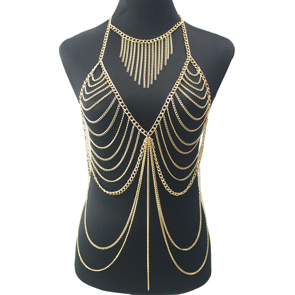 Elegant Metal Long Tassel Body Chain Harness Slave Necklace Beach Bra Jewelry 1