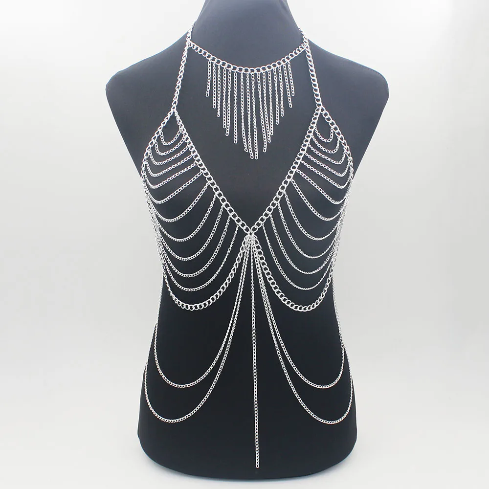 Elegant Metal Long Tassel Body Chain Harness Slave Necklace Beach Bra Jewelry 2
