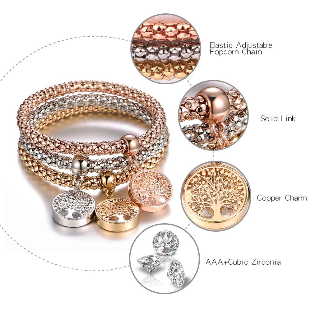 3Pcs Tree of Life Bracelet Crystal , Owl Anchor Music, Note Boy Girl Heart Charm Bracelets For Women , Jewelry Gift - Image 2