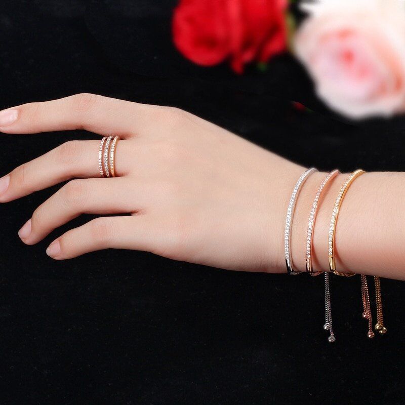 Adjustable Bracelet Bangle for Women . Captivate Bar Slider Brilliant . CZ Rose Gold Color - Image 5