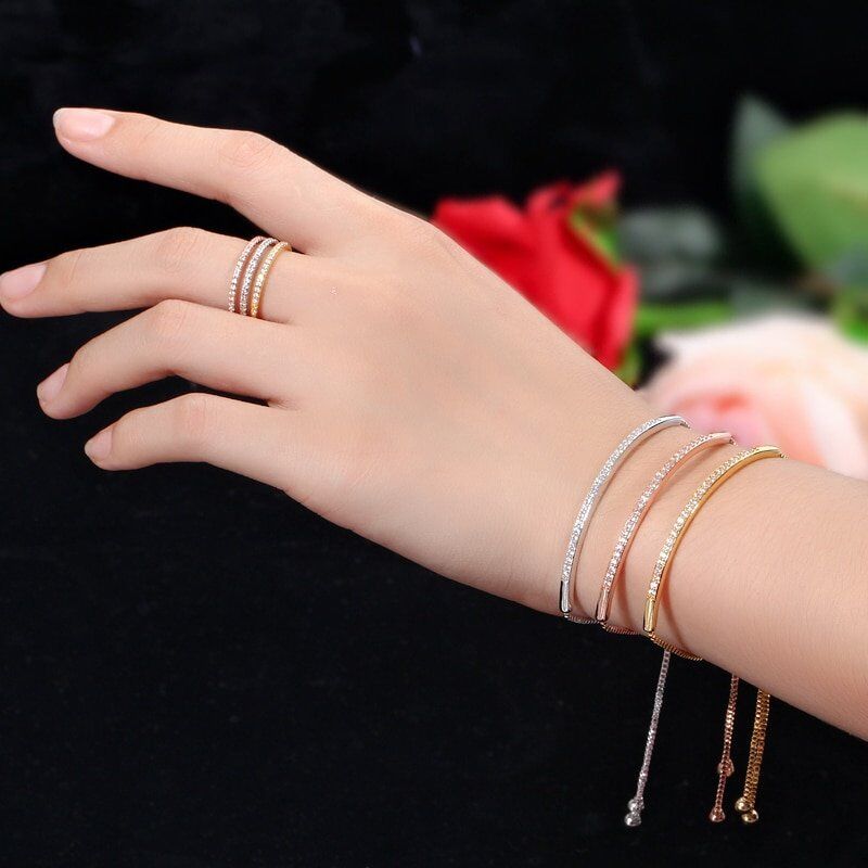 Adjustable Bracelet Bangle for Women . Captivate Bar Slider Brilliant . CZ Rose Gold Color - Image 6