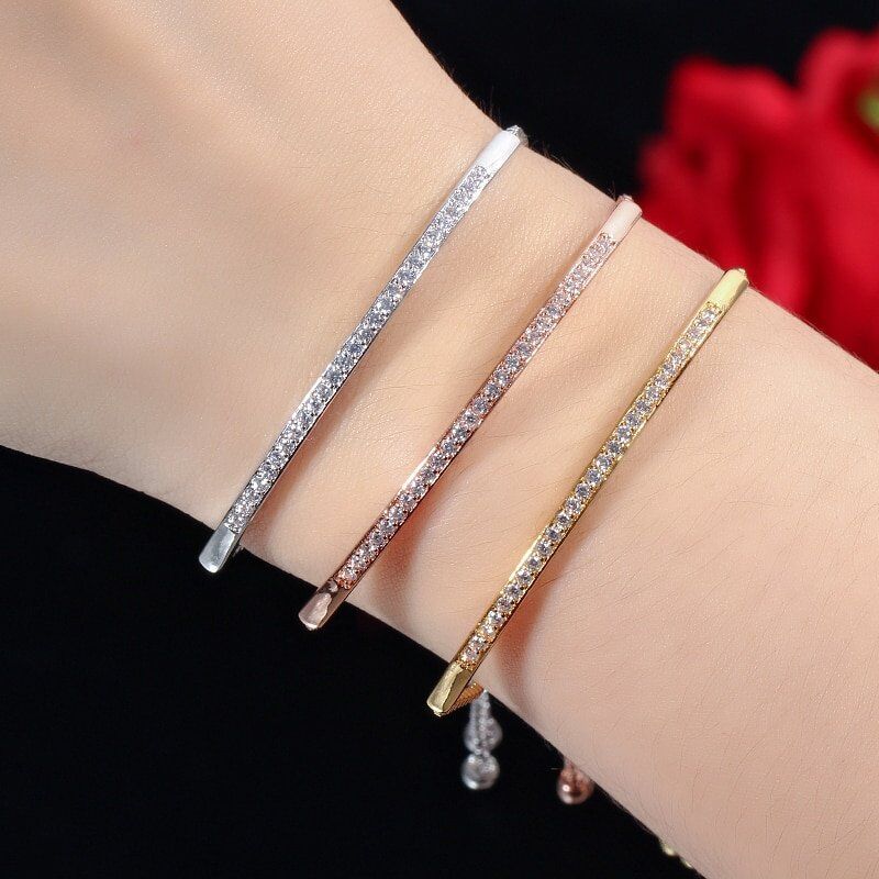 Adjustable Bracelet Bangle for Women . Captivate Bar Slider Brilliant . CZ Rose Gold Color - Image 2