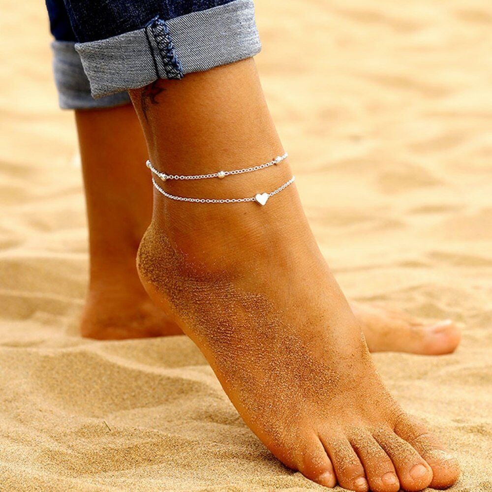 Solid Simple Heart Ankle . Layering Pendant Anklet , Beaded Foot Jewelry, Summer Beach Anklets On Foot Ankle , Bracelets For Women Leg Chain - Image 2