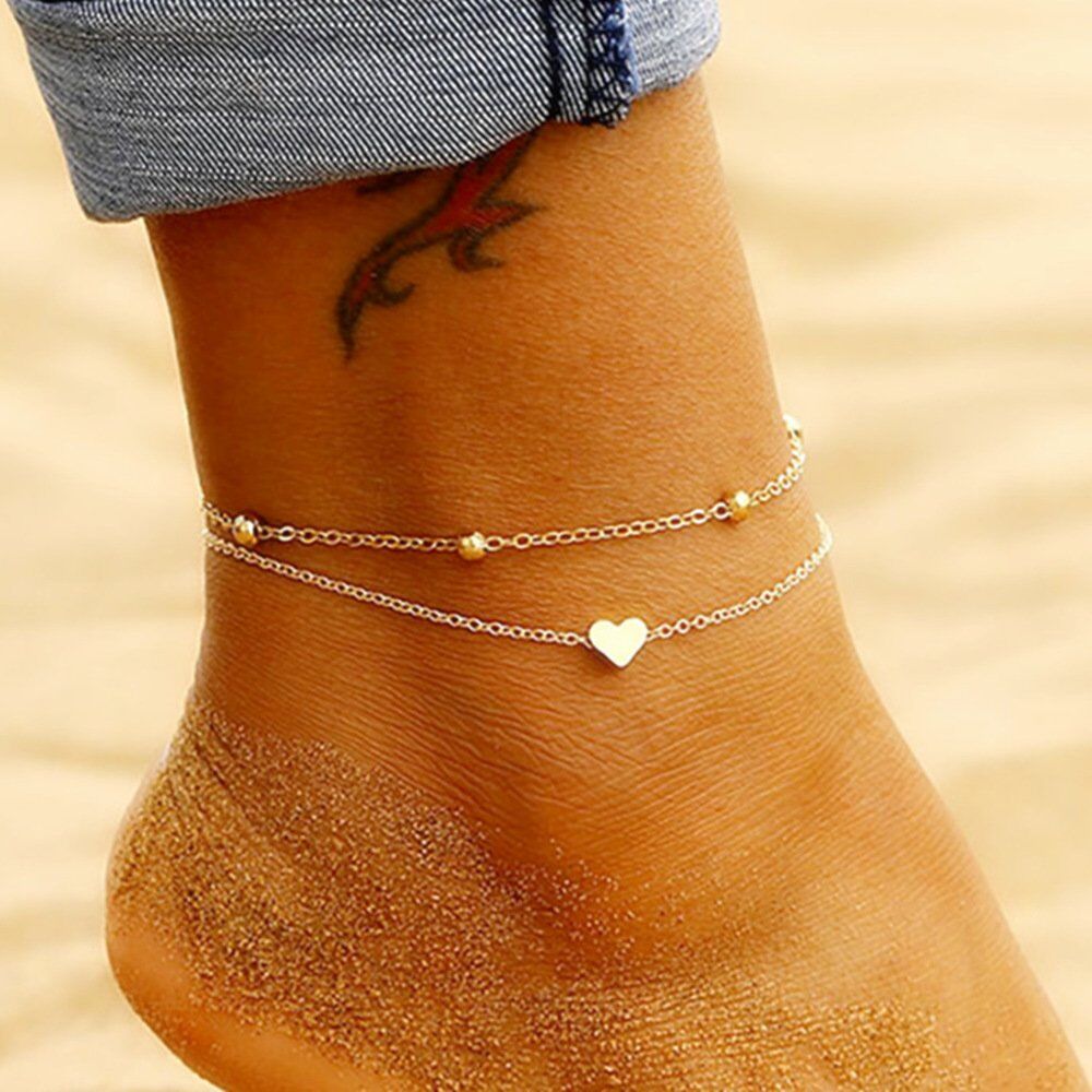 Solid Simple Heart Ankle . Layering Pendant Anklet , Beaded Foot Jewelry, Summer Beach Anklets On Foot Ankle , Bracelets For Women Leg Chain