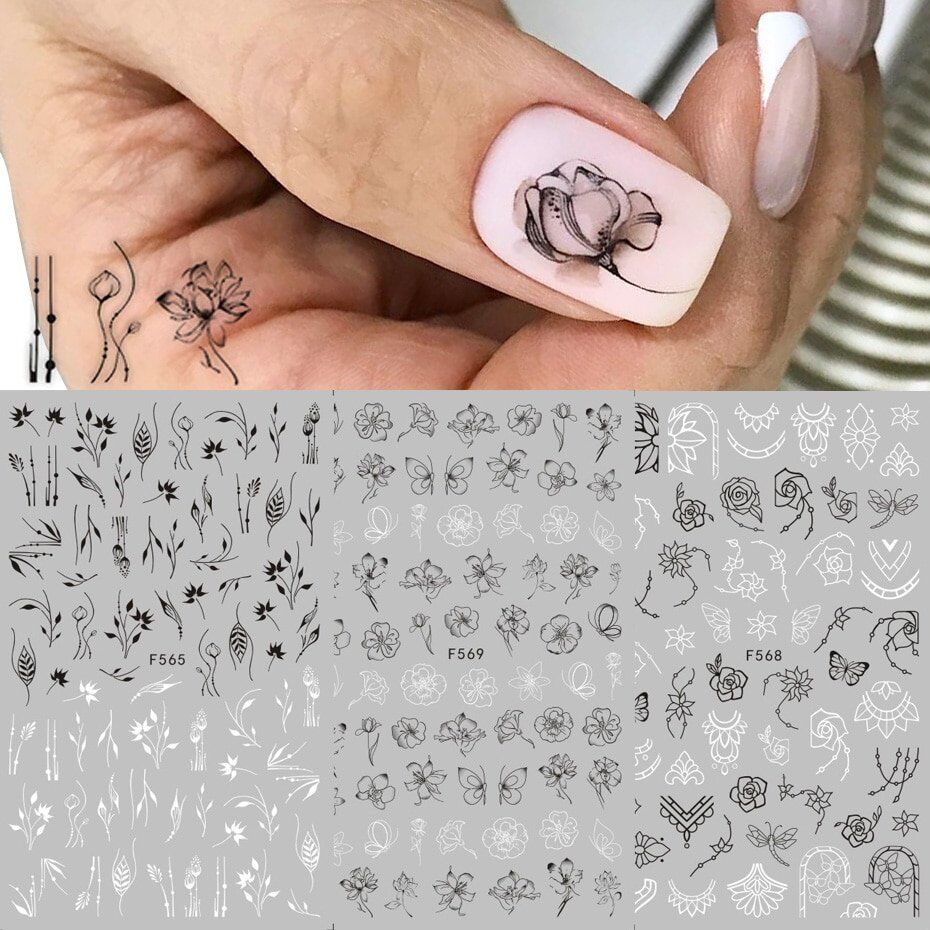 1pcs Black White 3D Nail Art Stickers, Sliders Flowers, Mandala Leaf, Geometry Adhesive , Nail Decals Foil Design Manicure