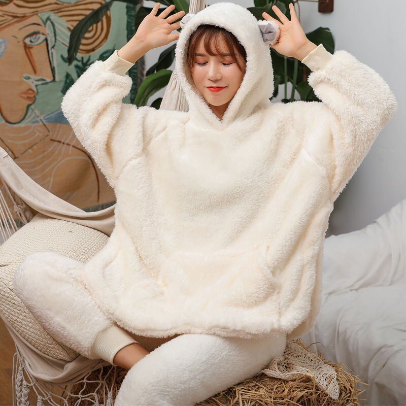 2 Pcs Winter Women Pajamas Sets , Sleepwear Long Sleeves Warm Pajama , Soft Sleep Suits Pajamas , Cute Animal Female Home wear, # NP - Image 2