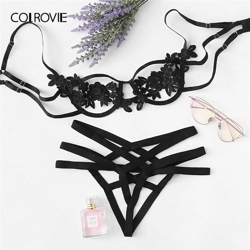 Underwire Sexy Women Intimates 2022 , Black Thongs V-String Transparent Female Underwear Bra Set # NP - Image 3