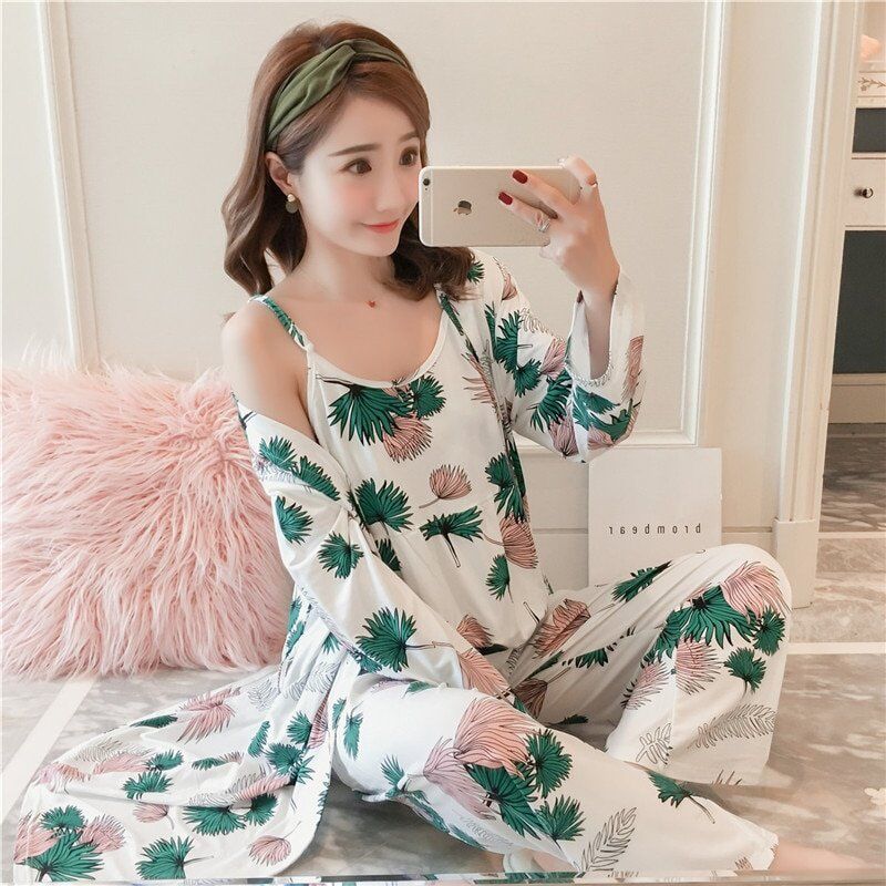 Woman Pajamas Set , Sling Cotton Pajamas, 3 Pieces Sleepwear For Women .