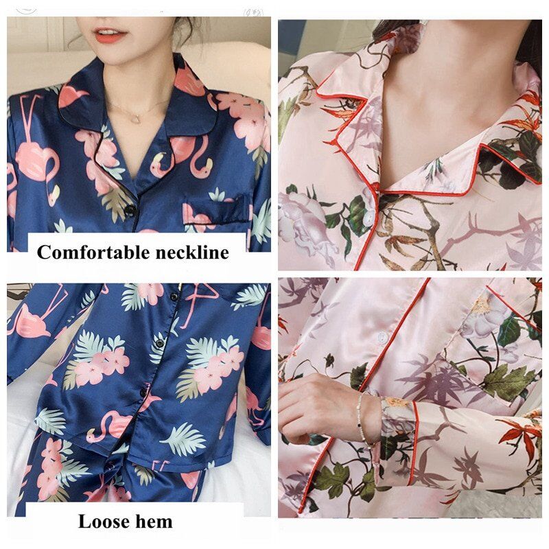 Women Pajamas, Faux Silk Sleepwear, Satin Pajamas Set , Flower Print Long Sleeves 2 Piece Autumn Winter Pajams. - Image 3