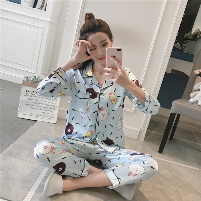 Women Pajamas, Faux Silk Sleepwear, Satin Pajamas Set , Flower Print Long Sleeves 2 Piece Autumn Winter Pajams. - Image 5