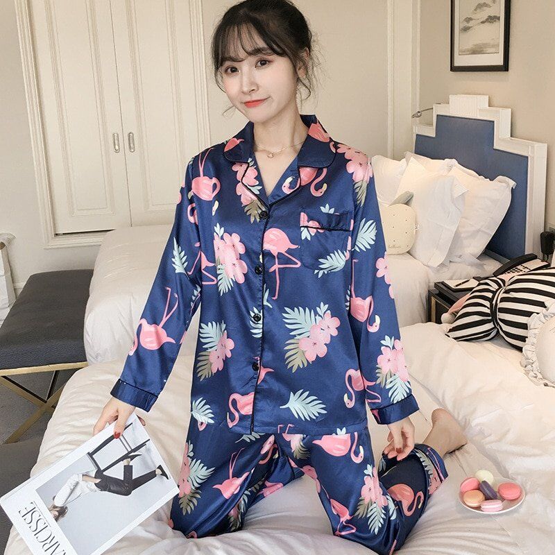 Women Pajamas, Faux Silk Sleepwear, Satin Pajamas Set , Flower Print Long Sleeves 2 Piece Autumn Winter Pajams. - Image 2