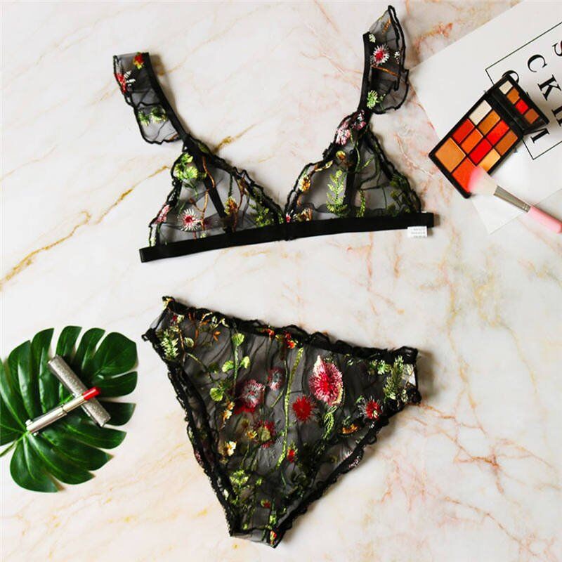 Lingerie Sexy Bra Set, Women Flower Embroidery Sling Lace Underwear, Plus Size Bras Sexy Sleepwear Lingerie Sets . # NP - Image 2