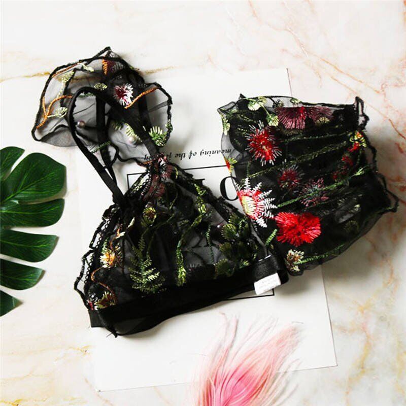 Lingerie Sexy Bra Set, Women Flower Embroidery Sling Lace Underwear, Plus Size Bras Sexy Sleepwear Lingerie Sets . # NP - Image 4