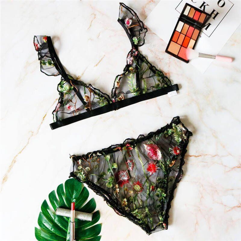 Lingerie Sexy Bra Set, Women Flower Embroidery Sling Lace Underwear, Plus Size Bras Sexy Sleepwear Lingerie Sets . # NP