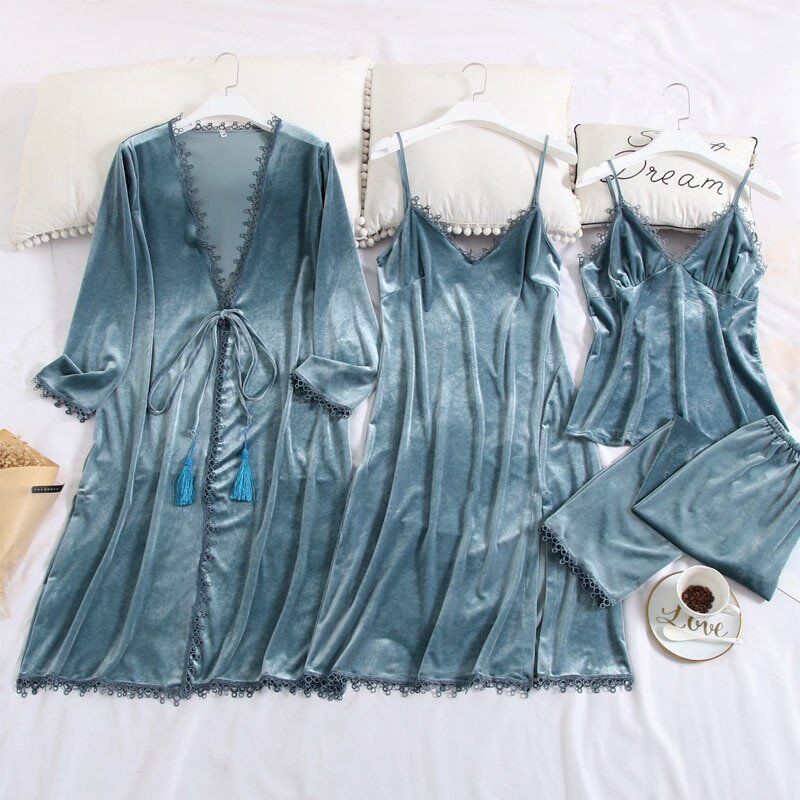 Women's Pajamas. Gold Velvet Winter 4 Pieces Pajamas Set . Sexy Robe Long Sleeve Warm Sleepwear. Female Home Clothe With Chest Pads. - Image 2