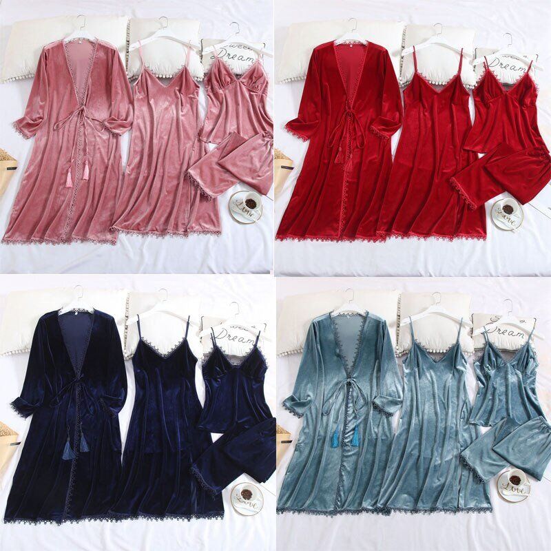 Women's Pajamas. Gold Velvet Winter 4 Pieces Pajamas Set . Sexy Robe Long Sleeve Warm Sleepwear. Female Home Clothe With Chest Pads. - Image 3