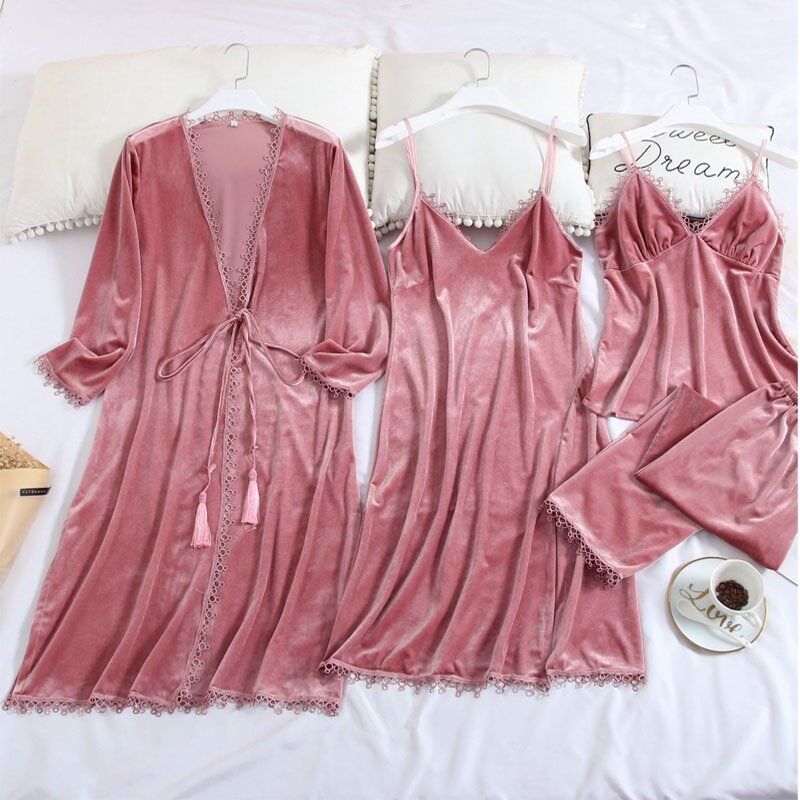 Women's Pajamas. Gold Velvet Winter 4 Pieces Pajamas Set . Sexy Robe Long Sleeve Warm Sleepwear. Female Home Clothe With Chest Pads. - Image 4