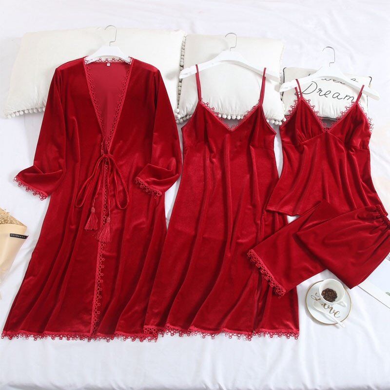 Women's Pajamas. Gold Velvet Winter 4 Pieces Pajamas Set . Sexy Robe Long Sleeve Warm Sleepwear. Female Home Clothe With Chest Pads. - Image 5