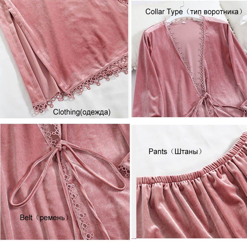 Women's Pajamas. Gold Velvet Winter 4 Pieces Pajamas Set . Sexy Robe Long Sleeve Warm Sleepwear. Female Home Clothe With Chest Pads. - Image 6