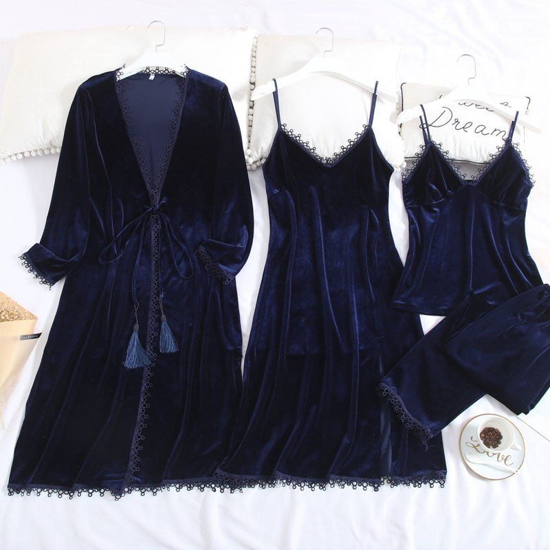 Women's Pajamas. Gold Velvet Winter 4 Pieces Pajamas Set . Sexy Robe Long Sleeve Warm Sleepwear. Female Home Clothe With Chest Pads.