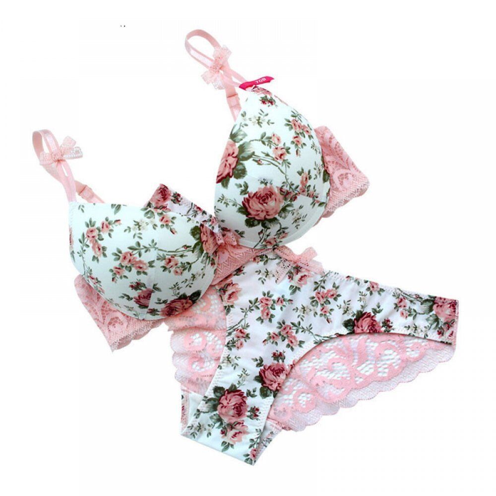 Sexy High Quality Women Print Bra set . Silk Lace Flower Push up Big size Set . Underwear Bow Bra and Hollow out Panties