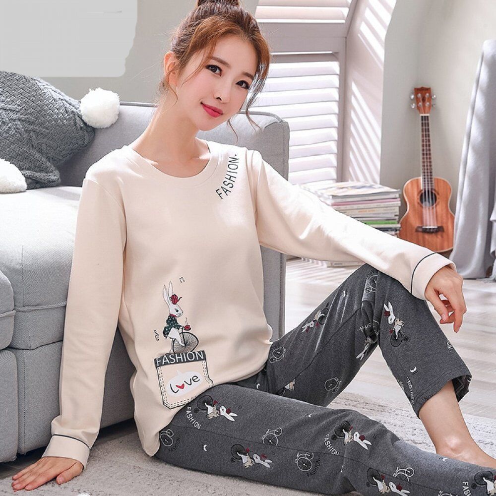 New Cotton Printing Pajamas , Lapel Top + Long Pant 2 Piece Sets Pajamas, Set For Women, Cute Sleepwear Girls Pajamas , M L XL XXL XXXL