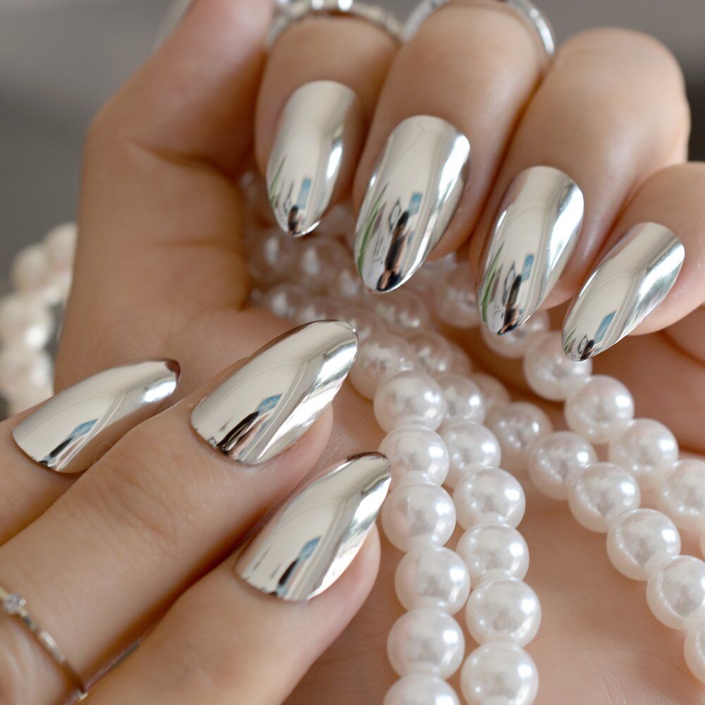 Fashion Silver Acrylic False Nail. Metal Mirror Fake Nails. Short Stiletto Nails .Full Wrap Nail .Tips Salon Product - Image 2