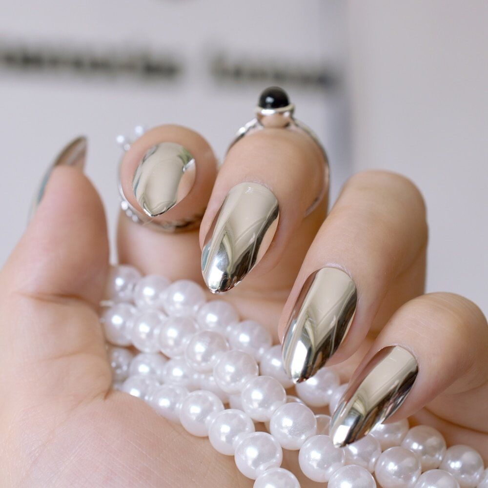 Fashion Silver Acrylic False Nail. Metal Mirror Fake Nails. Short Stiletto Nails .Full Wrap Nail .Tips Salon Product - Image 3
