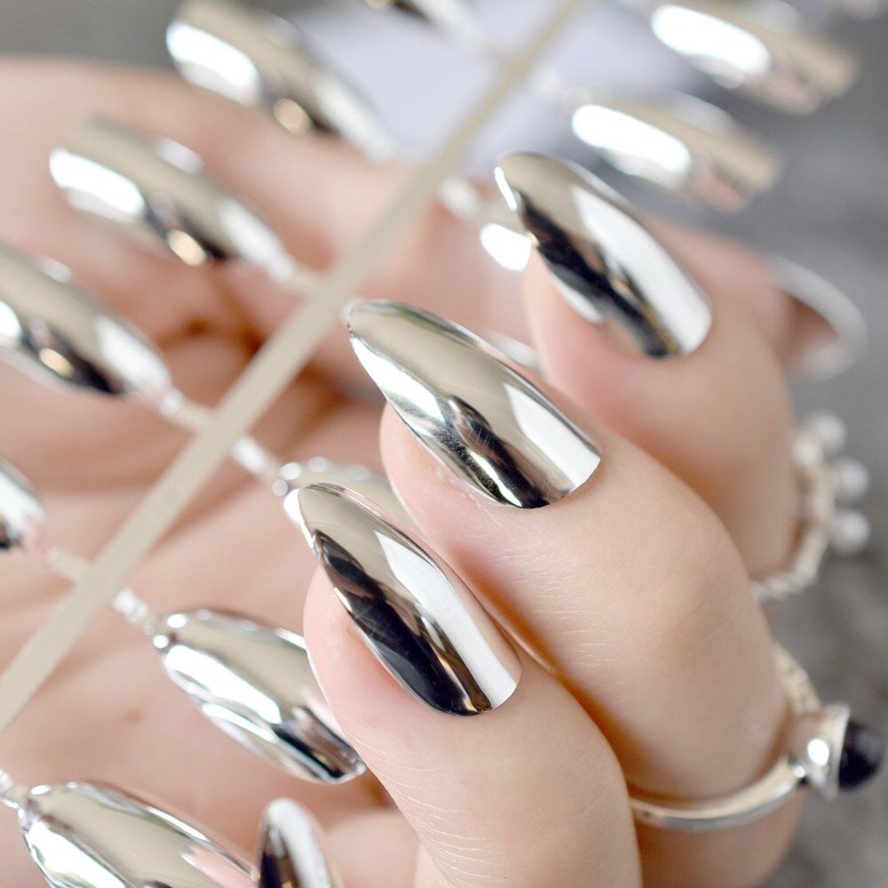 Fashion Silver Acrylic False Nail. Metal Mirror Fake Nails. Short Stiletto Nails .Full Wrap Nail .Tips Salon Product