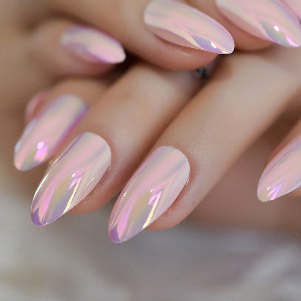 Light Pink Almond Holographic Nail Art Medium Mirror, Popular Adhesive Tape New Nail , Tips Shiny Mirror 24 pieces.