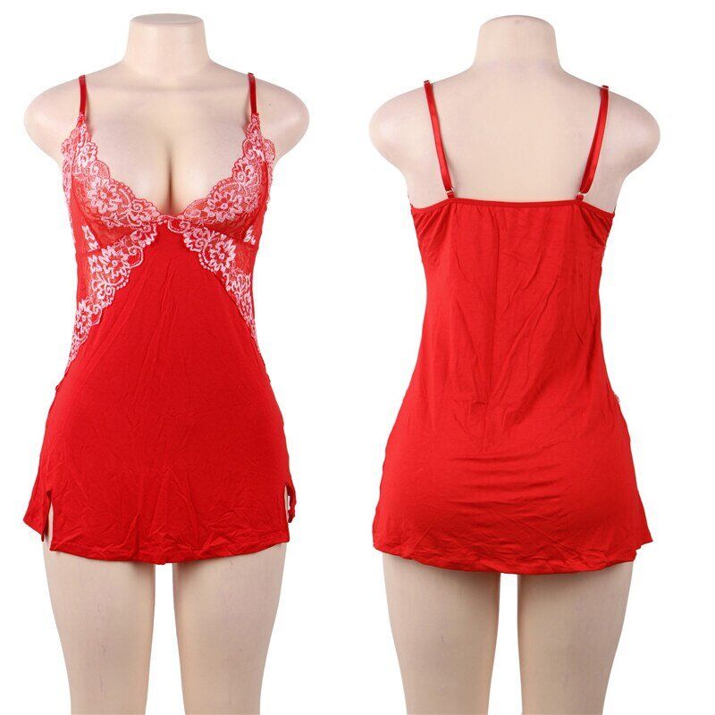 Night Sexy Dress, Women Floral Lace Sleepwear, V Neck Above Knee Plus Size Nightdress, - Image 5