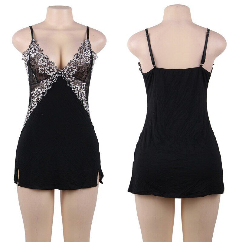 Night Sexy Dress, Women Floral Lace Sleepwear, V Neck Above Knee Plus Size Nightdress, - Image 6