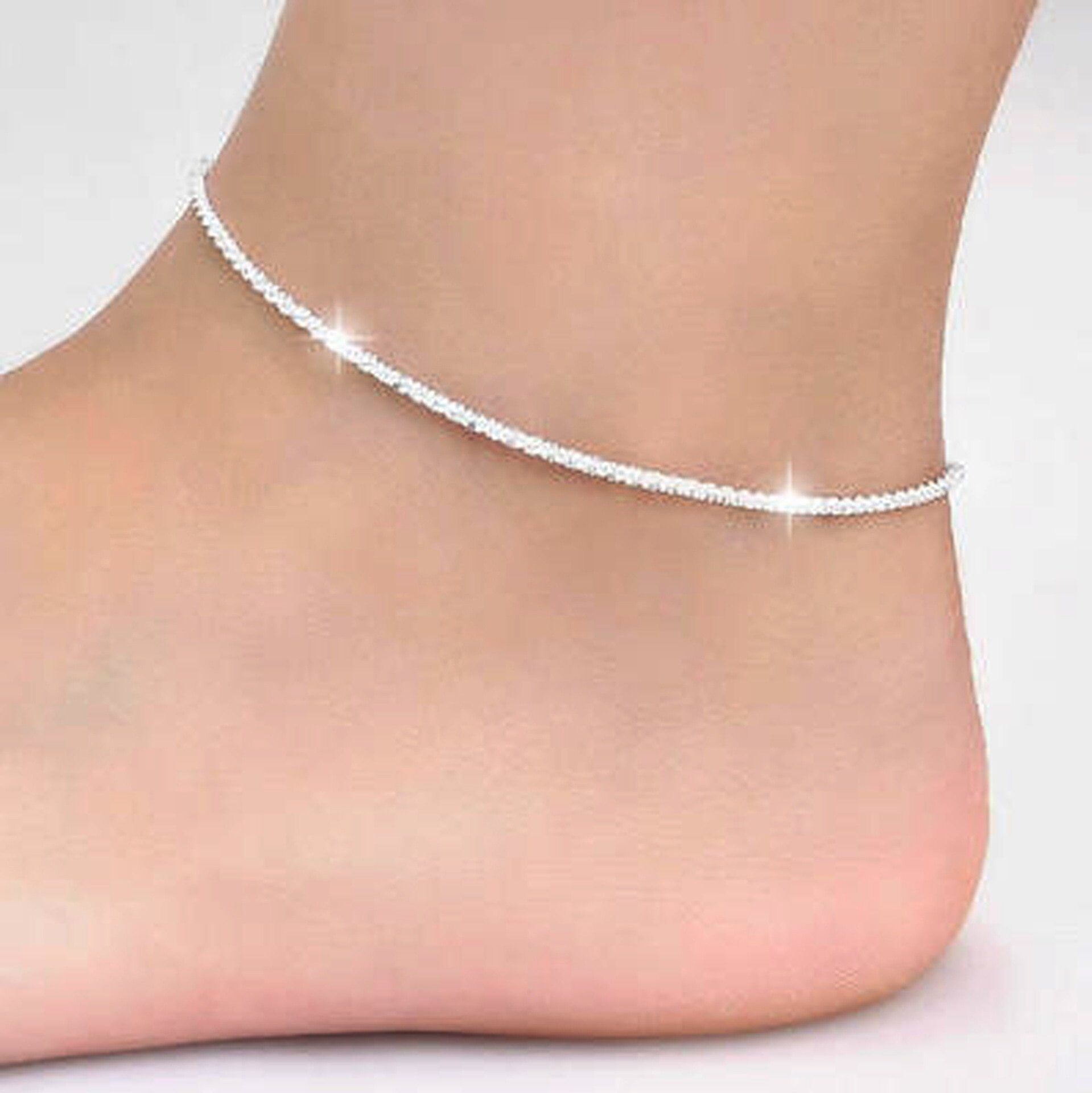 Thin 925 stamped , silver plated Shiny Chains Anklet For Women, Girls Friend Foot Jewelry , Leg Bracelet,