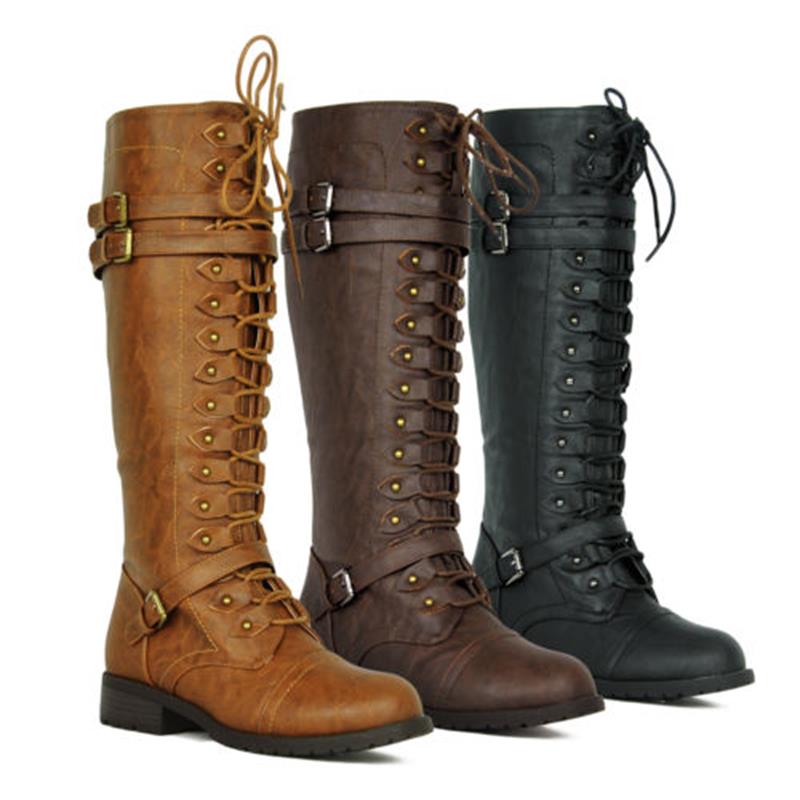 Women Knee high Boots , Autumn Winter Lace Up Flat Shoes , Sexy Steampunk, PU Retro Buckle women shoes Ladies Snow Boots. - Image 3