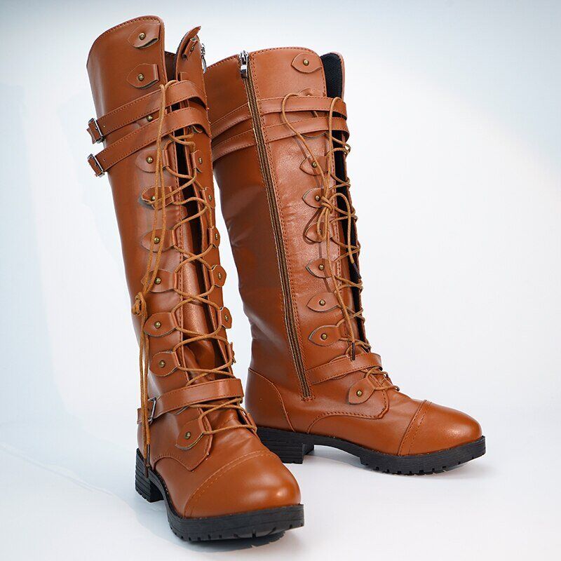 Women Knee high Boots , Autumn Winter Lace Up Flat Shoes , Sexy Steampunk, PU Retro Buckle women shoes Ladies Snow Boots. - Image 5