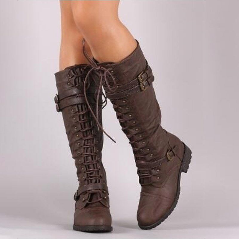 Women Knee high Boots , Autumn Winter Lace Up Flat Shoes , Sexy Steampunk, PU Retro Buckle women shoes Ladies Snow Boots.