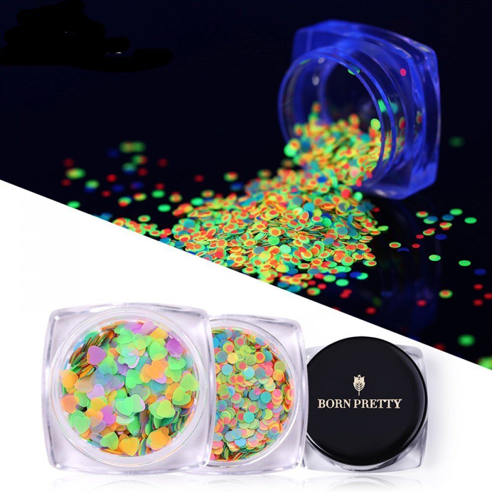 Neon Nail Sequins Green Color . Fluorescence Effect . Heart Round .Mixed Pattern 3D . Nail Art Decoration. Glow in the Dark