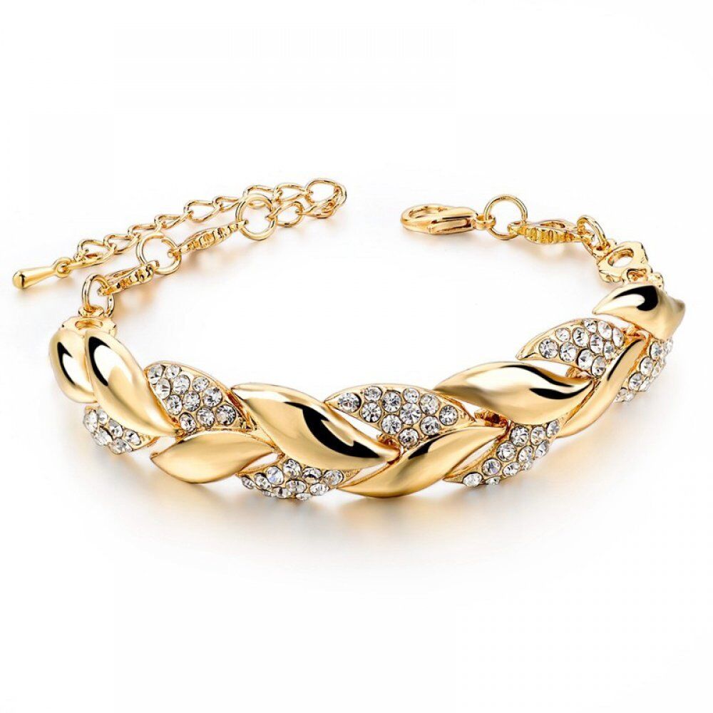 Braided Gold color, Leaf Bracelets & Bangles With Stones , Luxury Crystal Bracelets For Women .