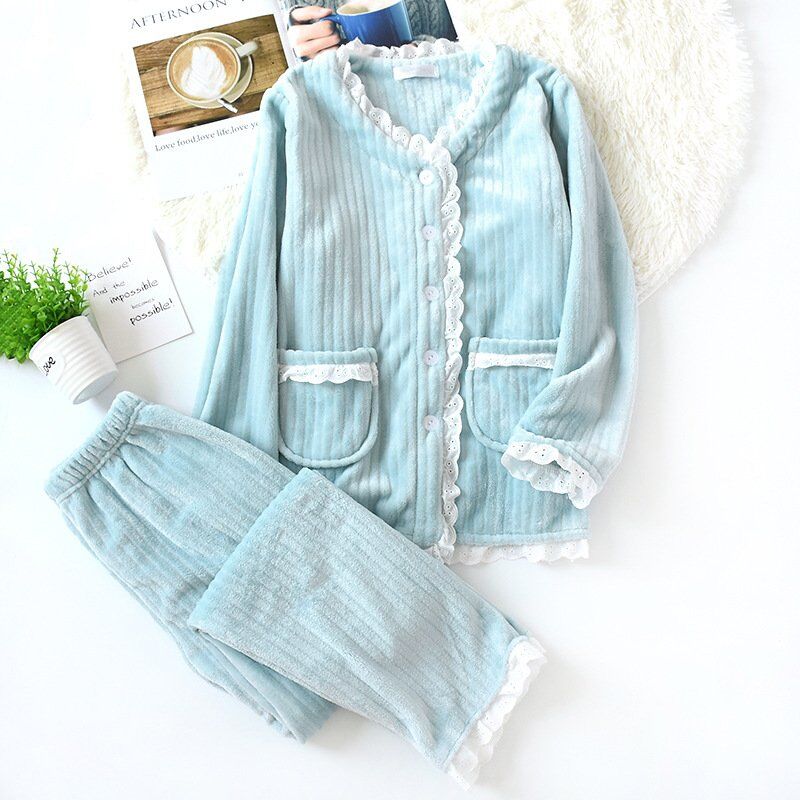 New Fashion Warm Flannel Pajamas Set , Women Winter, Autumn Pajama, Sleepwear Lace Pink Pajamas , Thick Warm Sleepwear. - Image 2