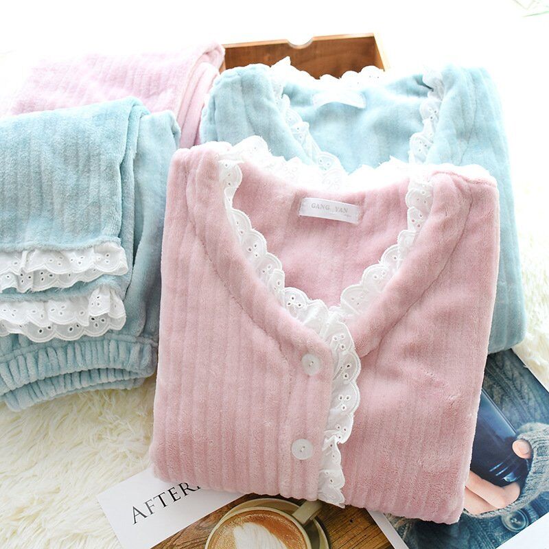 New Fashion Warm Flannel Pajamas Set , Women Winter, Autumn Pajama, Sleepwear Lace Pink Pajamas , Thick Warm Sleepwear. - Image 3