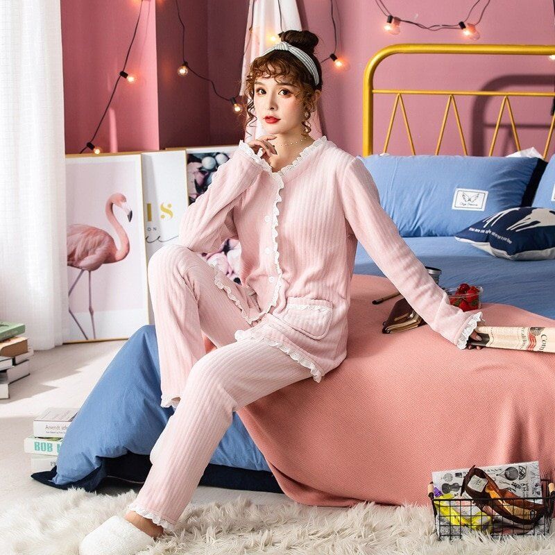 New Fashion Warm Flannel Pajamas Set , Women Winter, Autumn Pajama, Sleepwear Lace Pink Pajamas , Thick Warm Sleepwear. - Image 4