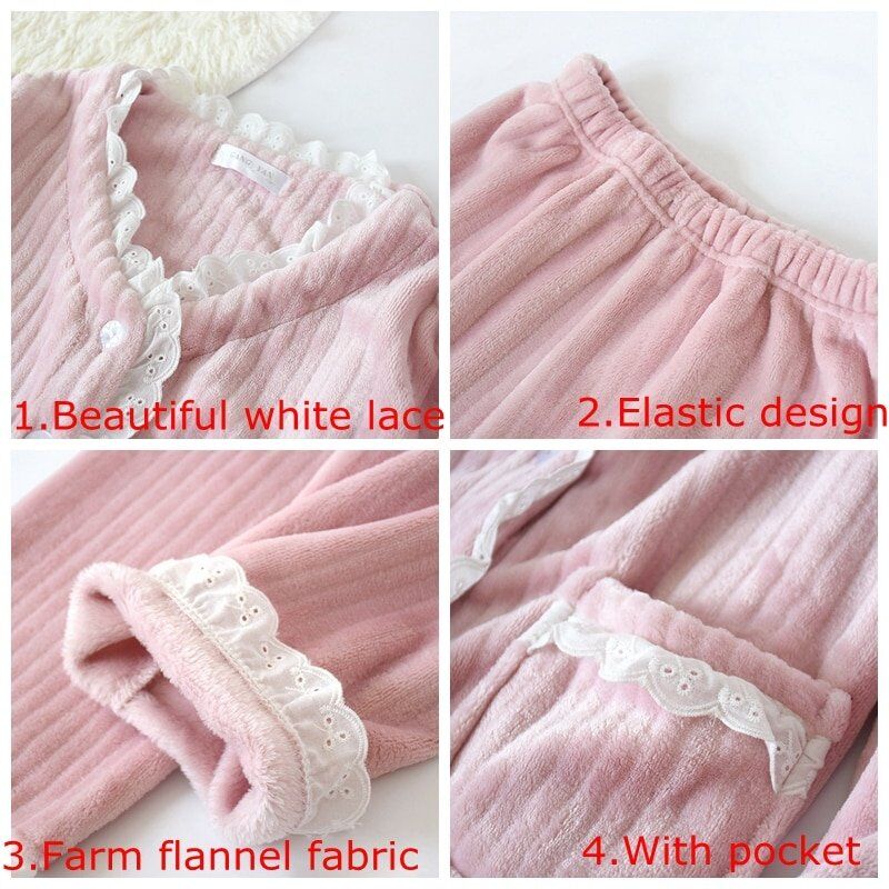 New Fashion Warm Flannel Pajamas Set , Women Winter, Autumn Pajama, Sleepwear Lace Pink Pajamas , Thick Warm Sleepwear. - Image 5