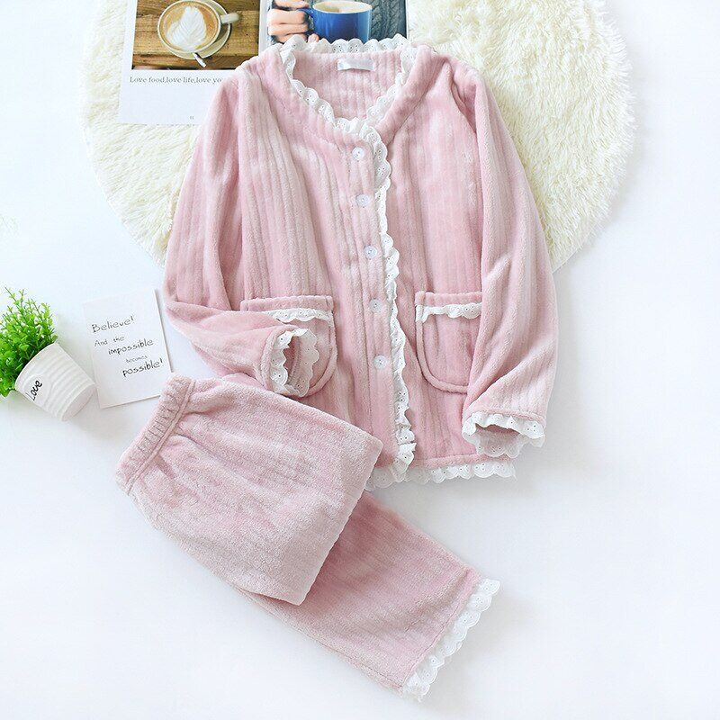 New Fashion Warm Flannel Pajamas Set , Women Winter, Autumn Pajama, Sleepwear Lace Pink Pajamas , Thick Warm Sleepwear.