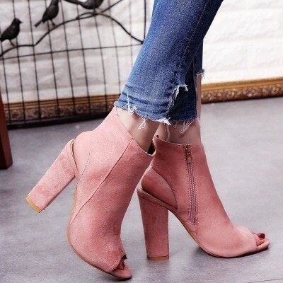 Ankle Boots , Faux Suede Leather, Casual Open Peep Toe , High Heels Zipper, Fashion Square , Rubber Black Shoes For Women, # NP - Image 3