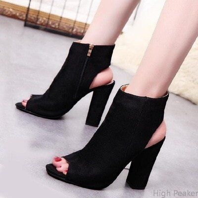 Ankle Boots , Faux Suede Leather, Casual Open Peep Toe , High Heels Zipper, Fashion Square , Rubber Black Shoes For Women, # NP - Image 5