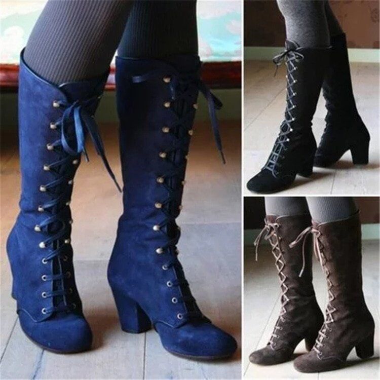 Women Vintage Lace-up Mid Boots , Round Toe , Cowboy Style , High Heels , Shoes Knee High Boots . new arrival 2020