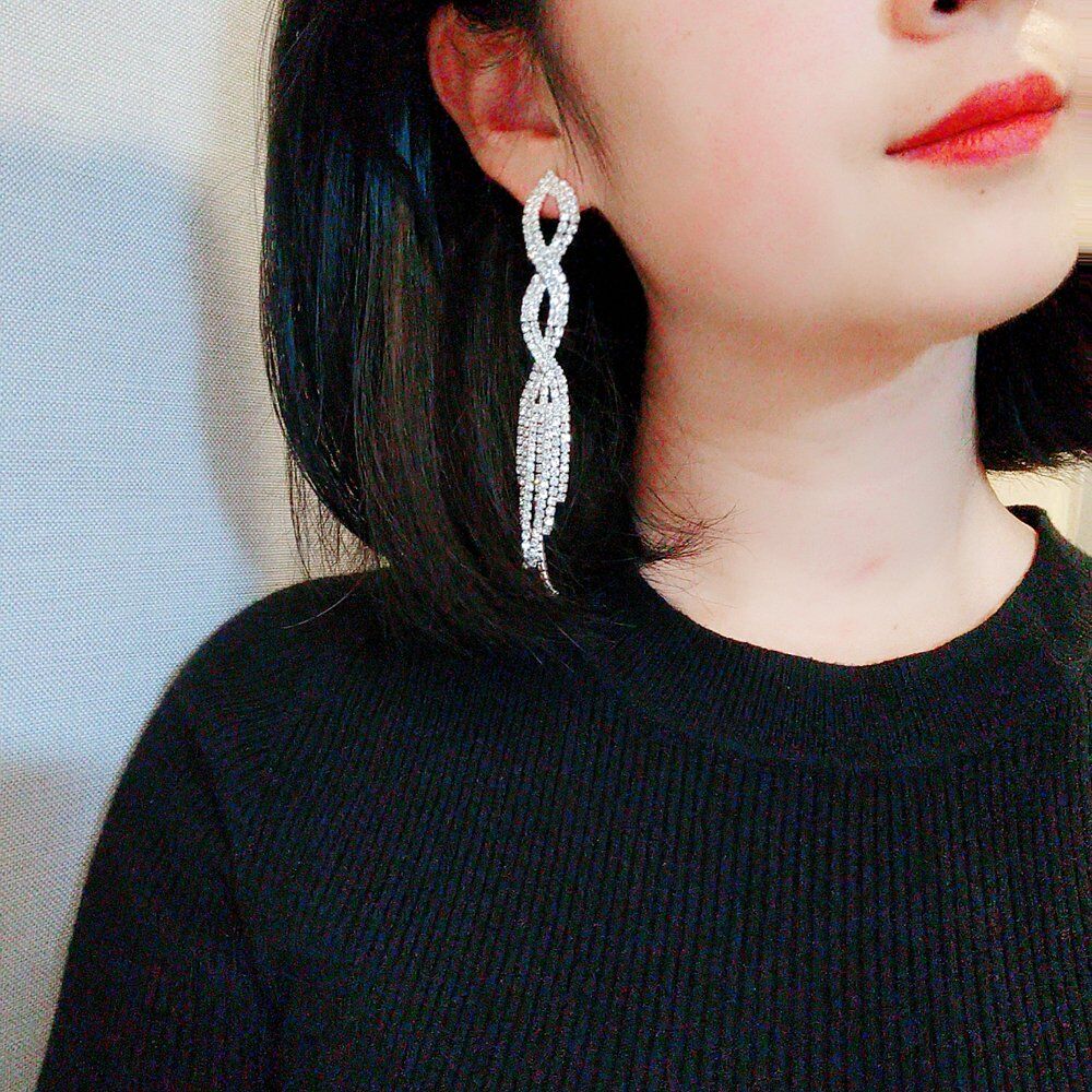 Elegant Silver Color Crystal Long Tassel Earrings, Shiny Rhinestone Drop Dangle Earrings For Women, Wedding Jewelry Gifts.#NP - Image 2