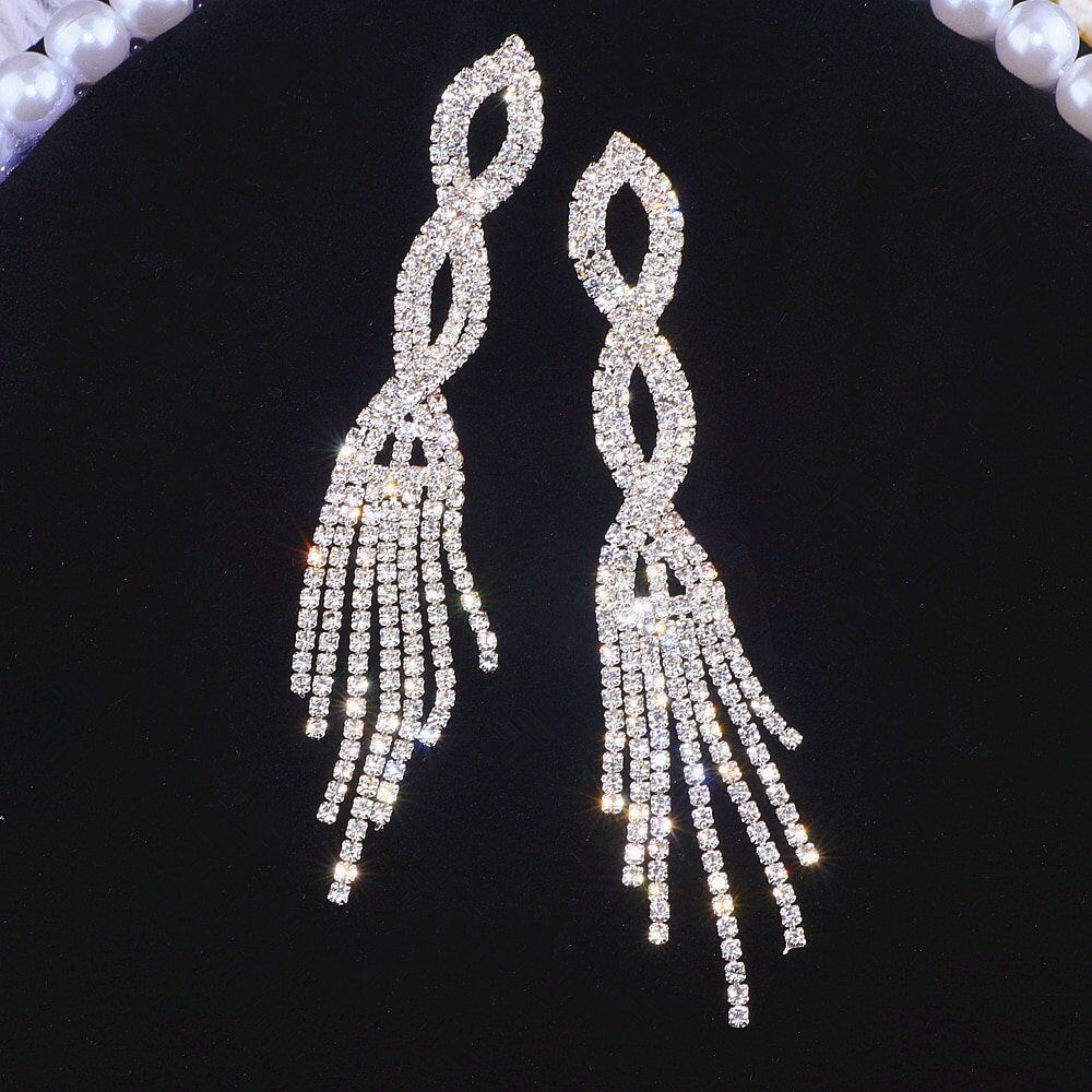 Elegant Silver Color Crystal Long Tassel Earrings, Shiny Rhinestone Drop Dangle Earrings For Women, Wedding Jewelry Gifts.#NP - Image 3