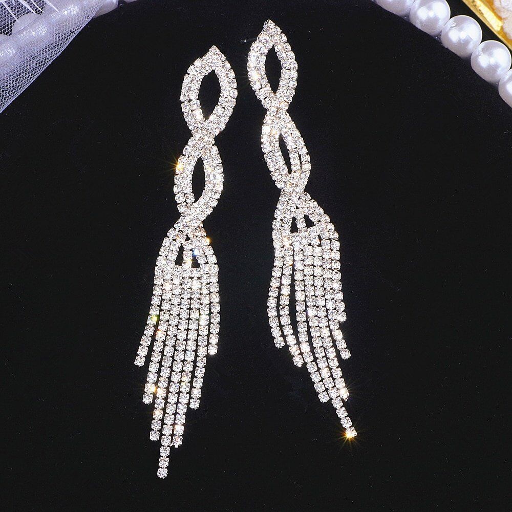 Elegant Silver Color Crystal Long Tassel Earrings, Shiny Rhinestone Drop Dangle Earrings For Women, Wedding Jewelry Gifts.#NP - Image 4