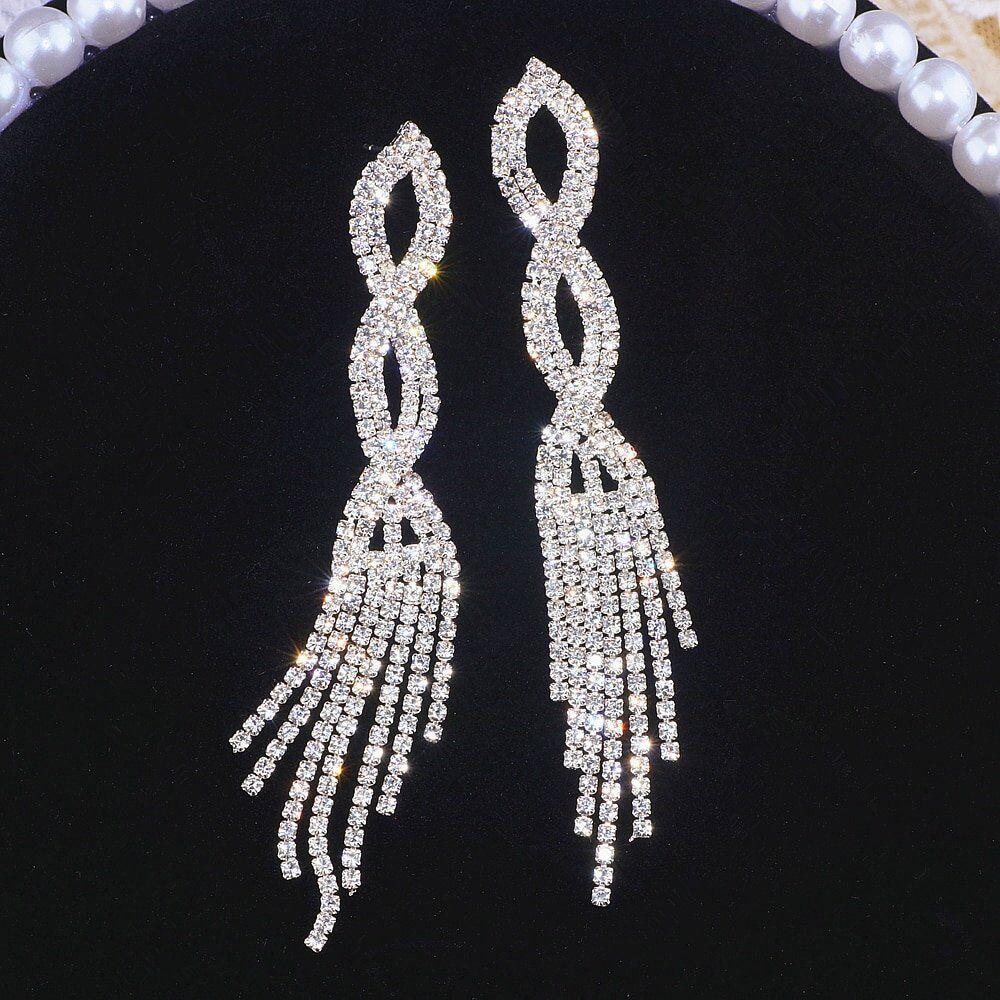 Elegant Silver Color Crystal Long Tassel Earrings, Shiny Rhinestone Drop Dangle Earrings For Women, Wedding Jewelry Gifts.#NP - Image 6